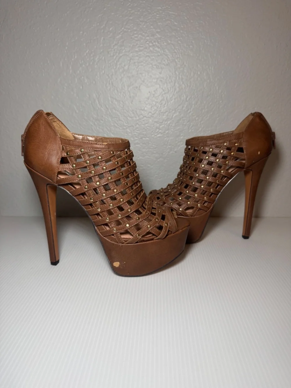 Kelsey Tan Studded Woven Platform Heels - Picture 3 of 10